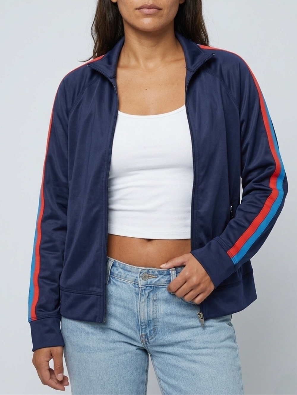 Kule X Bandier Billie Track Jacket Navy Stripe Zip Up Athletic Y2K